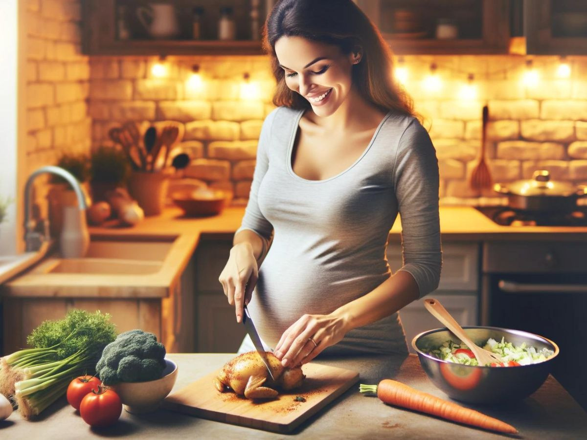 Pregnant woman eating chicken