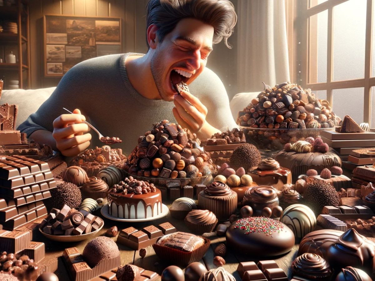 The guy Eating a lot of chocolate