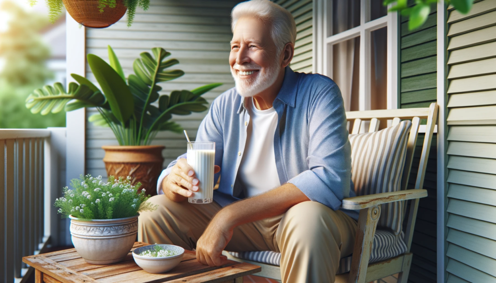  elderly man sitting on a porch, enjoying a glass of milk,