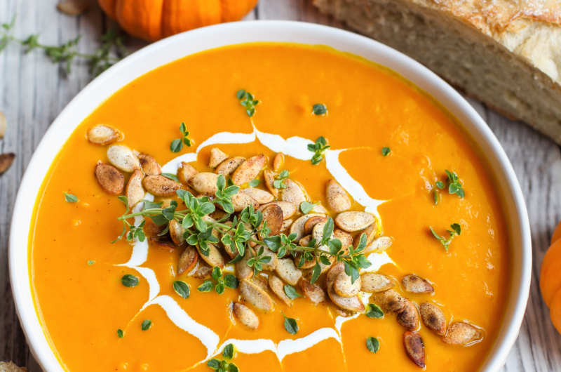 Roasted Butternut Squash Soup Recipe with Toasted Seeds and Fresh Herbs